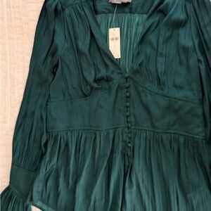 Anthropologie Emerald Green Button-Down V-Neck Blouse